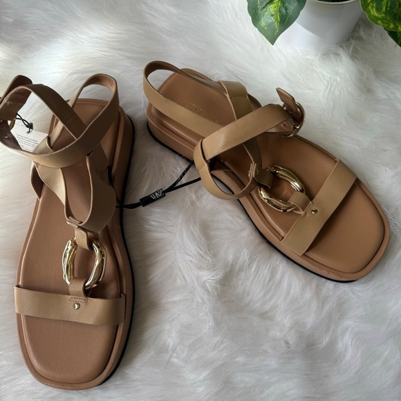 Zara Embellished Leather  Flatform Sandal Beige Size 7.5 - Picture 3 of 14
